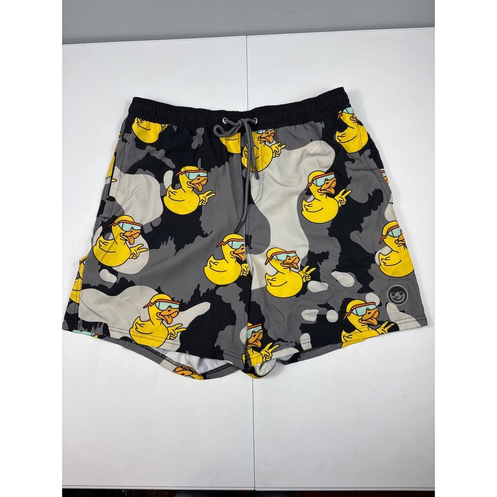 Neff Mens XL Camo Duck Graphic Swim Trunks Gray Black Yellow Drawstring Shorts